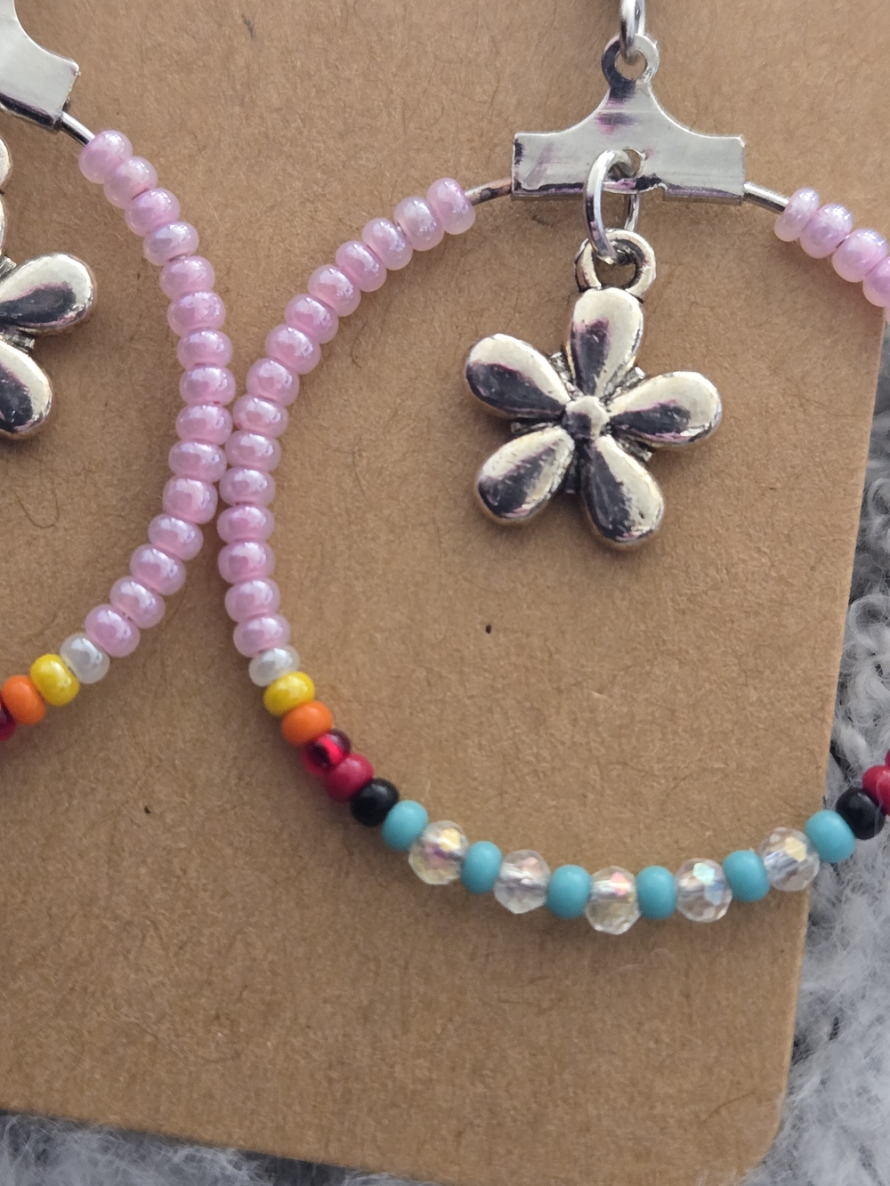 Handmade Pink Beaded Hoop Earrings with Silver Flower Charm - Picture 3 of 4